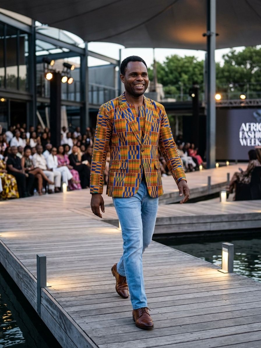 Blazer em kente com calça de ganga, na passerelle