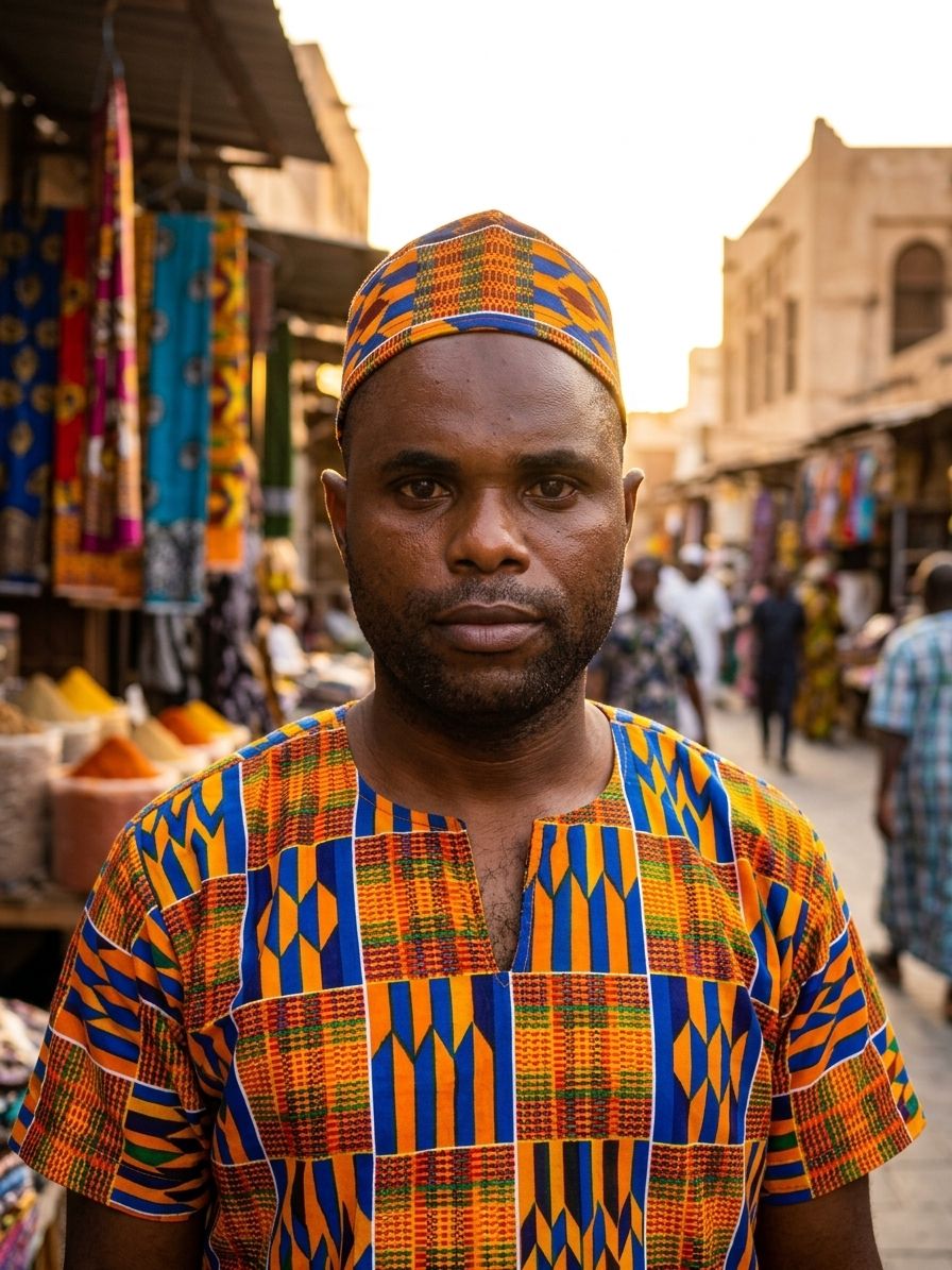 Camisa e barrete em kente