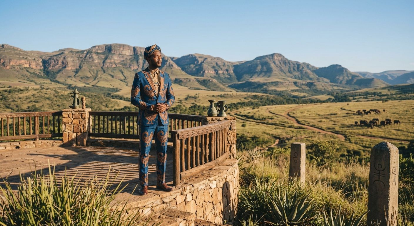 Homem com fato em pano africano azul e cobre, numa varanda de pedra com montanhas ao fundo